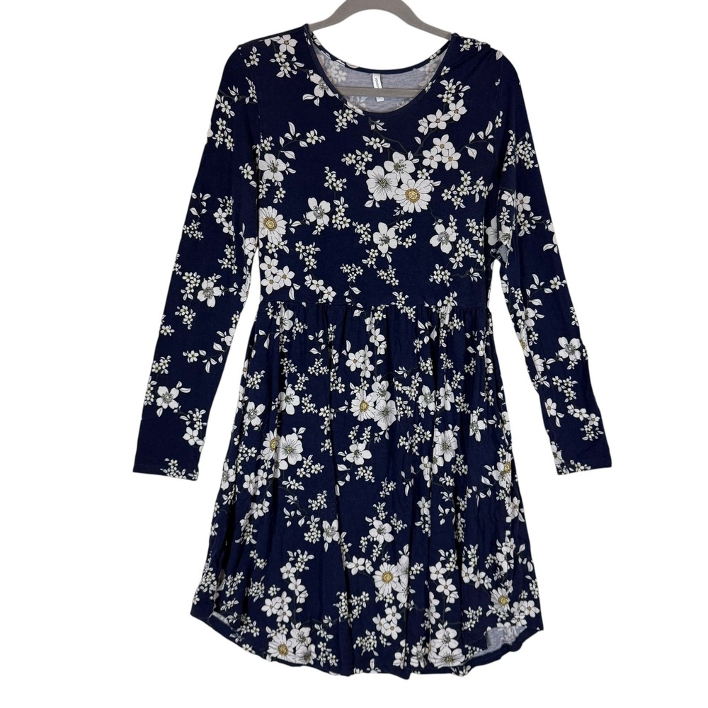 LONGYUAN Dress Womens M Blue Floral Scoop Neck Long Sleeve Fit & Flare Casual